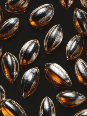 This close-up features glossy metallic seeds with unique shapes on a dark background, reflecting soft evening light.の素材