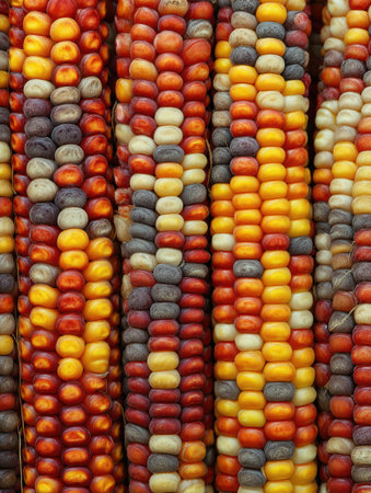 Ears of corn displayed with a striking mix of red, yellow, and purple kernels, highlighting the beauty of autumn harvest and agricultural diversity.の素材