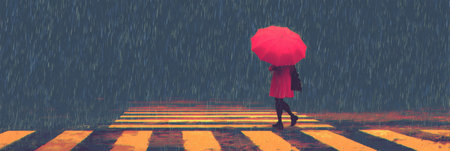A person dressed in a red dress walks carefully across a wet crosswalk holding a vibrant pink umbrella, surrounded by rain on a cloudy day.の素材