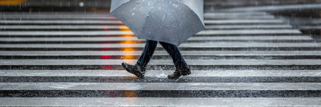 Raindrops fall as a person navigates a striped crosswalk, holding a gray umbrella, showcasing the hustle of city life on a rainy day.の素材