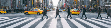 People walk across a busy crosswalk in an urban area, surrounded by yellow taxis and tall buildings on a clear day.の素材