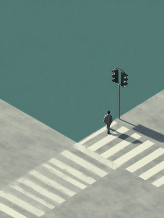 A lone figure walks across a wide, empty crosswalk with a green traffic signal. The scene is defined by clean lines and a calm, muted color palette.の素材