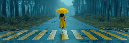 A person wearing a yellow raincoat and holding a yellow umbrella walks along a wet, striped road lined with tall trees, captured in a misty, rainy environment.の素材