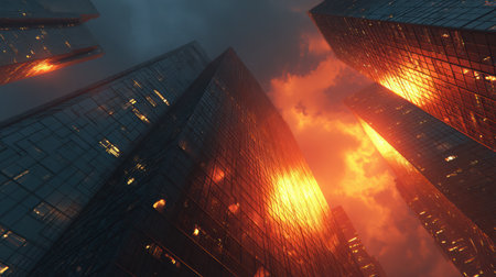 Tall buildings are illuminated by large flames at dusk, creating a striking contrast against the dark, stormy sky in an urban setting.の素材