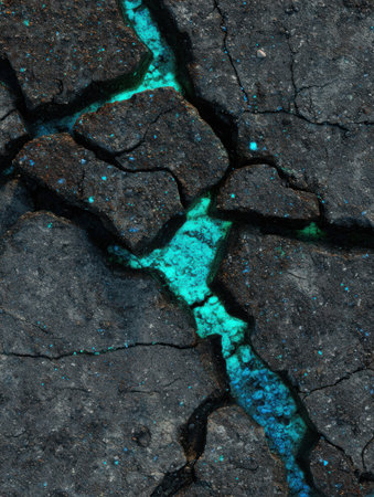 Turquoise light filters through deep cracks in dry earth, showing the contrast between dark soil and vibrant colors in nature.の素材