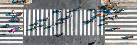 Crowds of people navigate a bustling crosswalk, casting shadows on the painted stripes. The scene captures the energy of a city on a sunny day.の素材