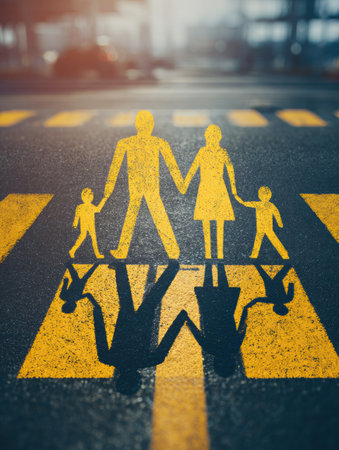 A pedestrian crossing sign shows a family silhouette holding hands while crossing the road, with shadows cast on the pavement, creating a dynamic urban scene.の素材