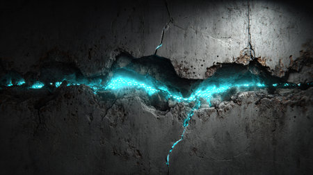 Turquoise light shines through fissures in rough concrete, creating a striking visual contrast.の素材