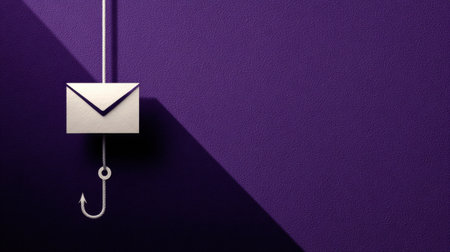 A white envelope on a fishing hook against a purple background symbolizes email security and phishing threats in digital communication.の素材
