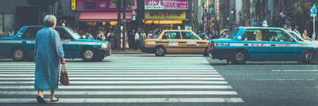 A senior woman in a traditional outfit crosses a busy street with taxis in a lively city center filled with pedestrians and shops.の素材