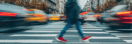 A pedestrian crosses a busy city street amidst a flurry of motion from cars and taxis, capturing the essence of urban life during rush hour.の素材