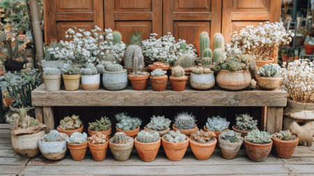 Beautiful arrangement of pots filled with various cacti and succulents on a wooden bench at a plant shop, showing unique textures and colors.の素材