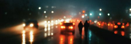 Two people walk on a wet road while cars pass by, creating a dreamy atmosphere in a rainy night scene with glowing lights.の素材