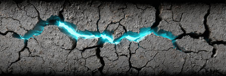 A barren surface features deep cracks with pulsating blue light emerging from within, showing the power and mystery of natures elements working together.の素材