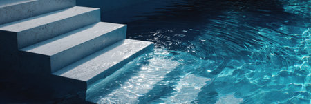 Concrete steps descend into clear, shimmering water of a swimming pool, creating a tranquil scene illuminated by sunlight.の素材