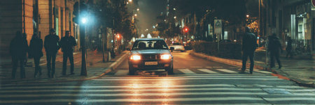 A taxi is halted at a crosswalk as several pedestrians gather on the sidewalk waiting to cross the street under city lights at night.の素材