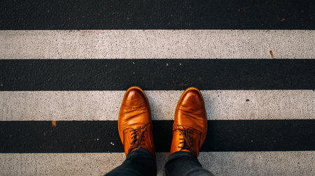 Brown leather shoes stand on black and white stripes of a pedestrian crossing, capturing a moment in the city filled with fashion and urban life.の素材