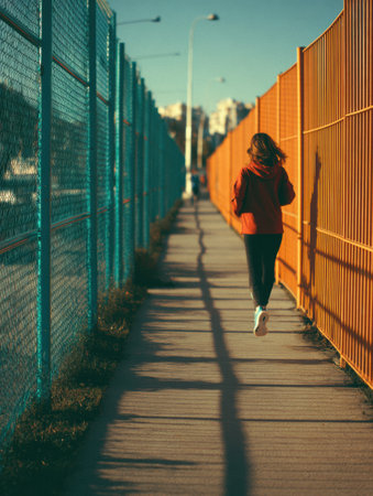 A person jogs on a wide sidewalk bordered by bright orange and teal fences during the early morning. The sun casts long shadows behind.の素材