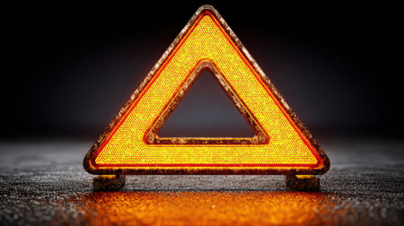 A rusty warning triangle sits on a wet surface at night, illuminated by glowing streetlights, signaling caution to passing drivers in low visibility conditions.の素材