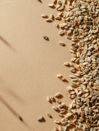 Scattered grains create an artistic display on a smooth surface, capturing soft shadows in natural light, highlighting texture and detail during midday.の素材