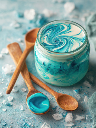 A jar filled with swirled blue and white cream sits on a light blue surface, accompanied by two wooden spoons and scattered ice, creating a fresh look.の素材