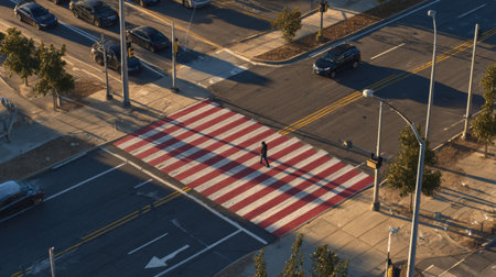 Lone figure stands on a bold striped crosswalk in a busy urban intersection, with afternoon sunlight casting shadows on smooth pavement and surrounding trees.の素材