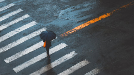 A person walks cautiously across a crosswalk with an umbrella in a rainy city scene.の素材