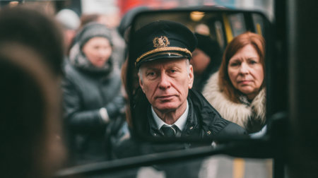 A transit officer stands in a reflective mirror, showing a busy street with people in winter attire. The atmosphere conveys a bustling urban environment.の素材
