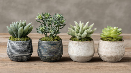 Four small succulent plants in decorative pots are neatly arranged on a wooden table, showing their unique shapes and vibrant green colors.の素材
