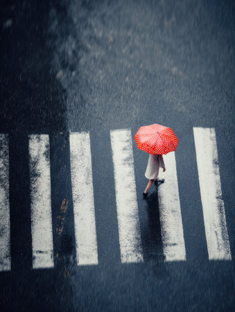 A person walks alone on a rainy day, holding a red polka dot umbrella while crossing a wet road marked with zebra stripes. The scene captures a peaceful moment.の素材
