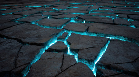 In a captivating scene, cracks in a stone surface are highlighted by a glowing blue light, creating an otherworldly atmosphere during twilight.の素材