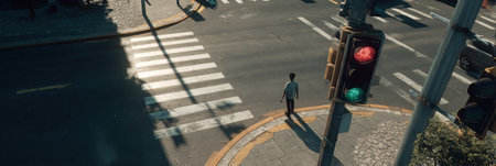 A person stands at a crosswalk waiting for the green light while cars move in the background, captured in bright daylight with noticeable shadows.の素材
