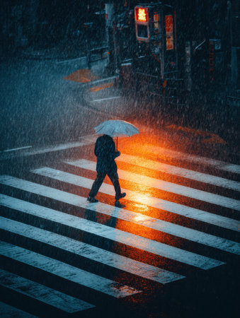 A person crosses a wet street using an umbrella while rain pours heavily, creating reflections on the road, illuminated by surrounding lights at dusk.の素材