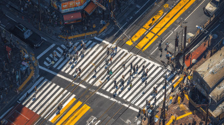 Crowds of people navigate a bustling urban crosswalk during a sunny afternoon, surrounded by shops and city life.の素材