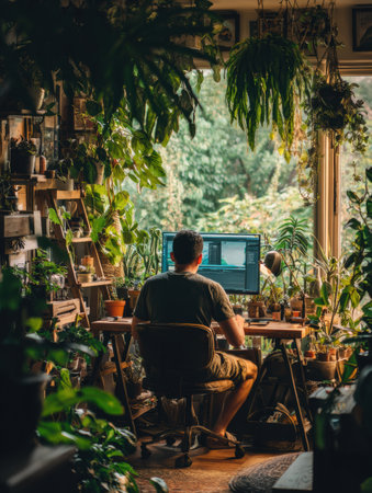 A person sits at a desk in a cozy, plant-filled room, working on a computer with sunlight streaming through a large window, surrounded by greenery.の素材