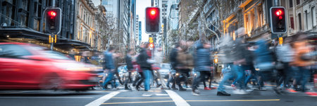 Crowds of people cross the street in a bustling city scene while cars pass and a red traffic signal commands attention amid the urban environmentの素材