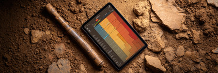 A tablet displays geological data surrounded by natural soil and a digging tool at a dig site under sunlight on a clear day.の素材