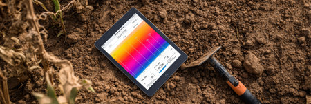A tablet displaying soil data sits on the ground beside a shovel, illustrating modern farming techniques during soil analysis in an agricultural setting.の素材