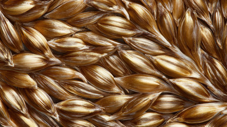 Close-up view of golden grain seeds displaying their unique shapes and textures, creating an appealing visual pattern with rich colors and shading.の素材