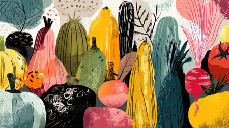 A vibrant digital artwork featuring a variety of stylized fruits and vegetables, showing bright colors and distinct shapes.の素材