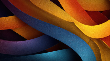 Colorful shapes intertwine in a dynamic composition, showing a mix of blue, orange, and purple tones that create a visually engaging experience.の素材