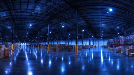 Empty warehouse filled with stacked boxes and bright overhead lights casting reflections on the polished floor during evening hours.の素材