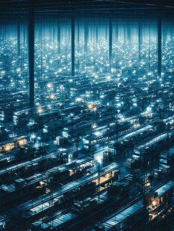 A large warehouse is filled with multiple aisles of shelves. Bright lights create a shimmering effect, highlighting the organized goods stored throughout.の素材