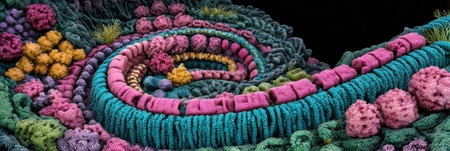 A vivid showcase of cellular structures in a colorful landscape, revealing the intricate beauty of microscopic life.の素材