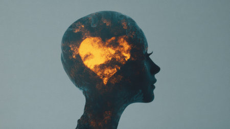 A silhouette of a human head shows a vibrant heart shape glowing within, signifying deep emotions and the essence of creativity in a unique artistic portrayal.の素材
