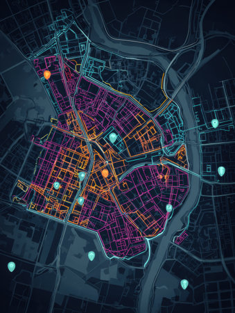 The city map displays a complex arrangement of streets and landmarks illuminated with vibrant colors. The river runs alongside the urban landscape.の素材