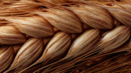 Ripe wheat grain is highlighted in detail, showing its smooth surface and vibrant colors against a natural background during the harvest season.の素材