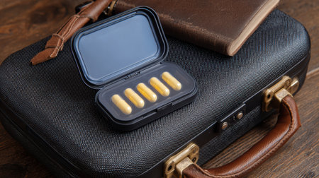 A container holding dietary capsules is open and placed on a textured black bag next to a leather notebook, giving a travel-friendly appearance.の素材