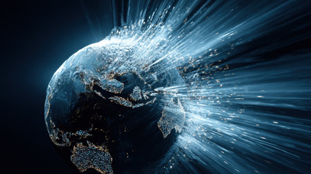 Illustration shows Earth being enveloped by vibrant streams of light, symbolizing motion and energy in the cosmos during nighttime.の素材