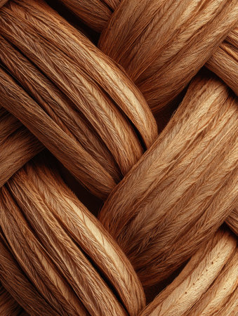 Close-up view of a beautifully braided texture made from natural fibers, displaying a variety of warm tones and intricate patterns created by weaving.の素材